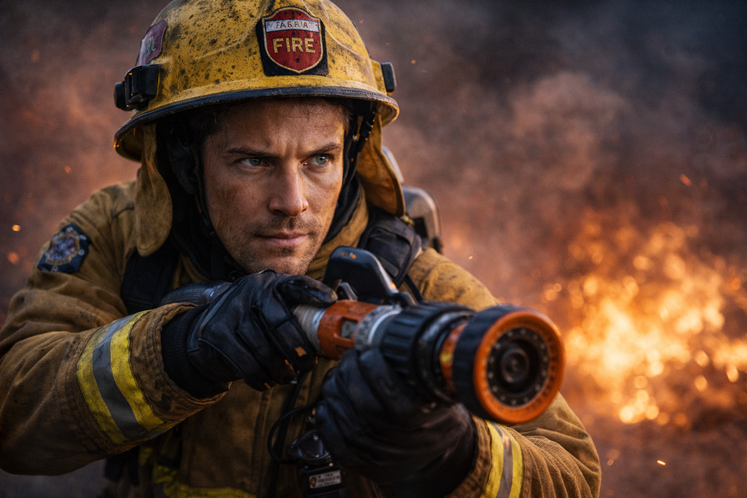 Firefighter in high-pressure situation with sharp, focused vision, demonstrating clarity and precision without glasses.