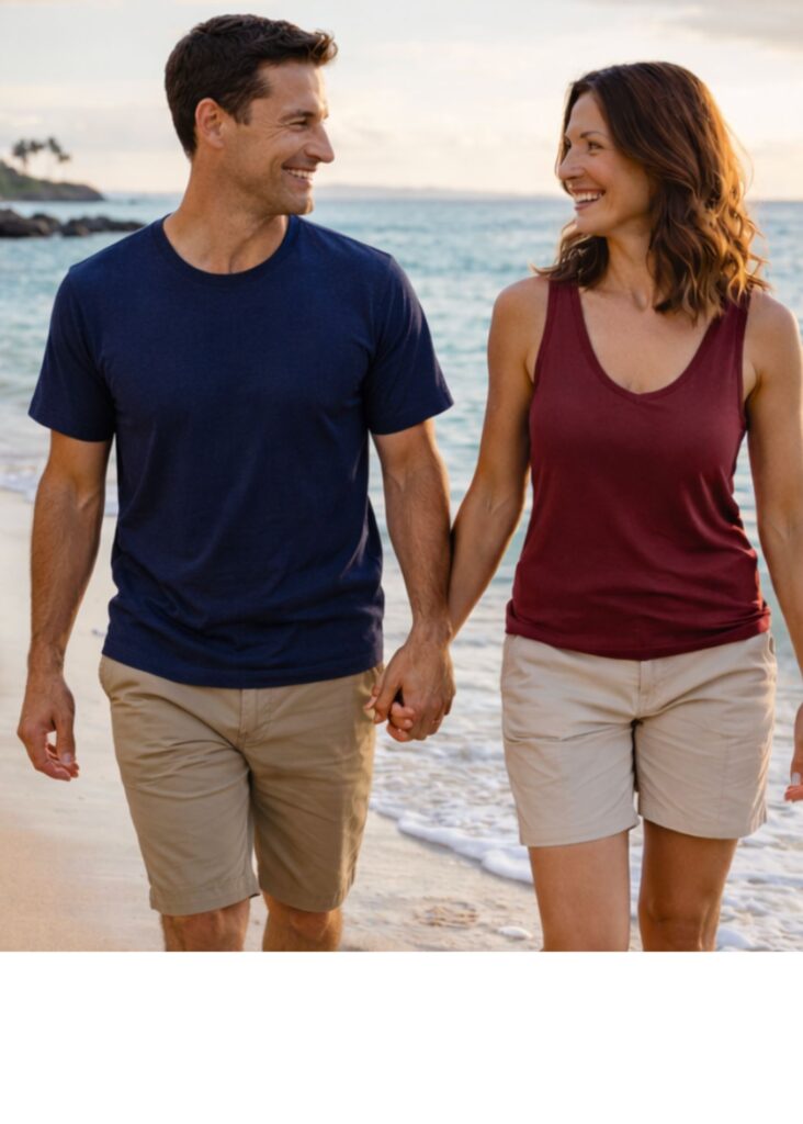 Life After Laser Eye Surgery Sydney | Clear Vision Without Glasses Couple walking on the beach smiling and enjoying clear vision after laser eye surgery without glasses or contact lenses.