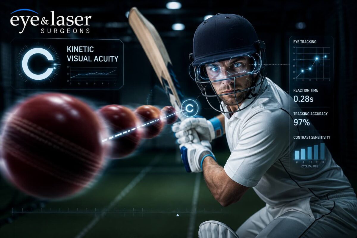 Elite cricketer demonstrating high-performance visual skills including eye tracking, contrast sensitivity and reaction time after laser vision correction