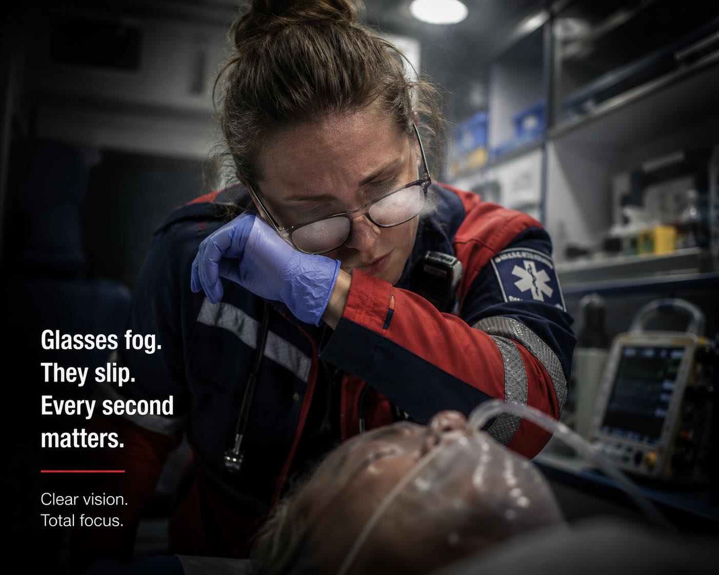 Paramedic treating a patient in an ambulance while pushing up fogged glasses with an elbow, illustrating a practical challenge faced by emergency healthcare professionals considering vision correction.