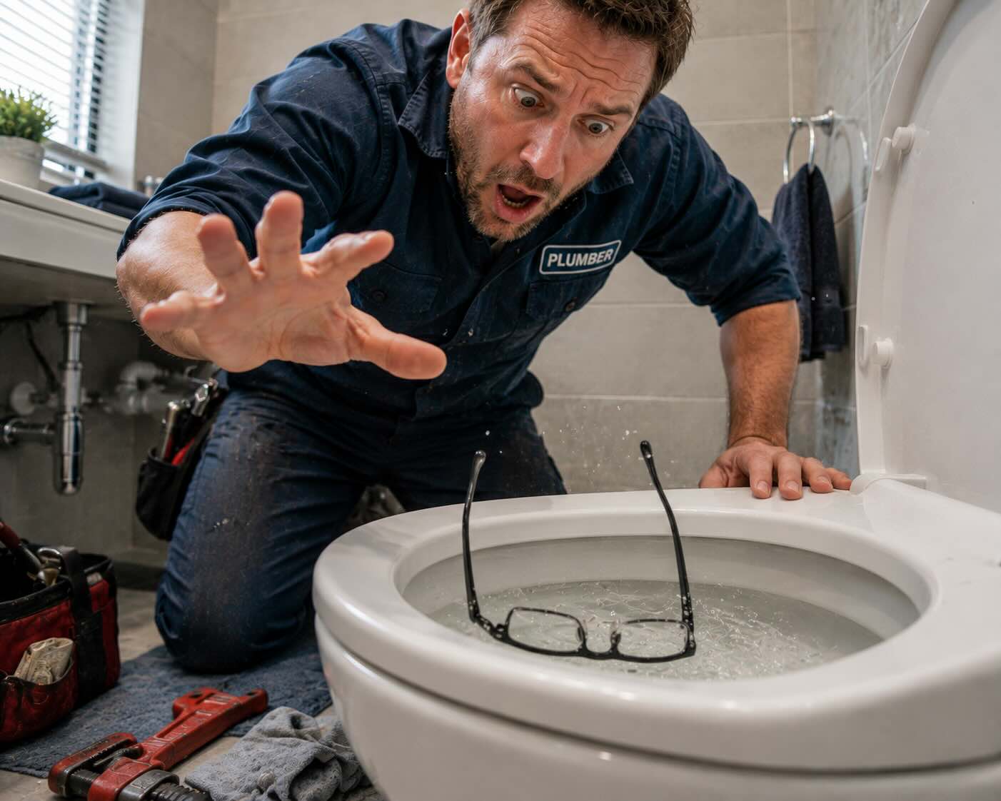 Plumber reaching for prescription glasses after they fall into a toilet while working, illustrating a common practical challenge for tradespeople considering vision correction.
