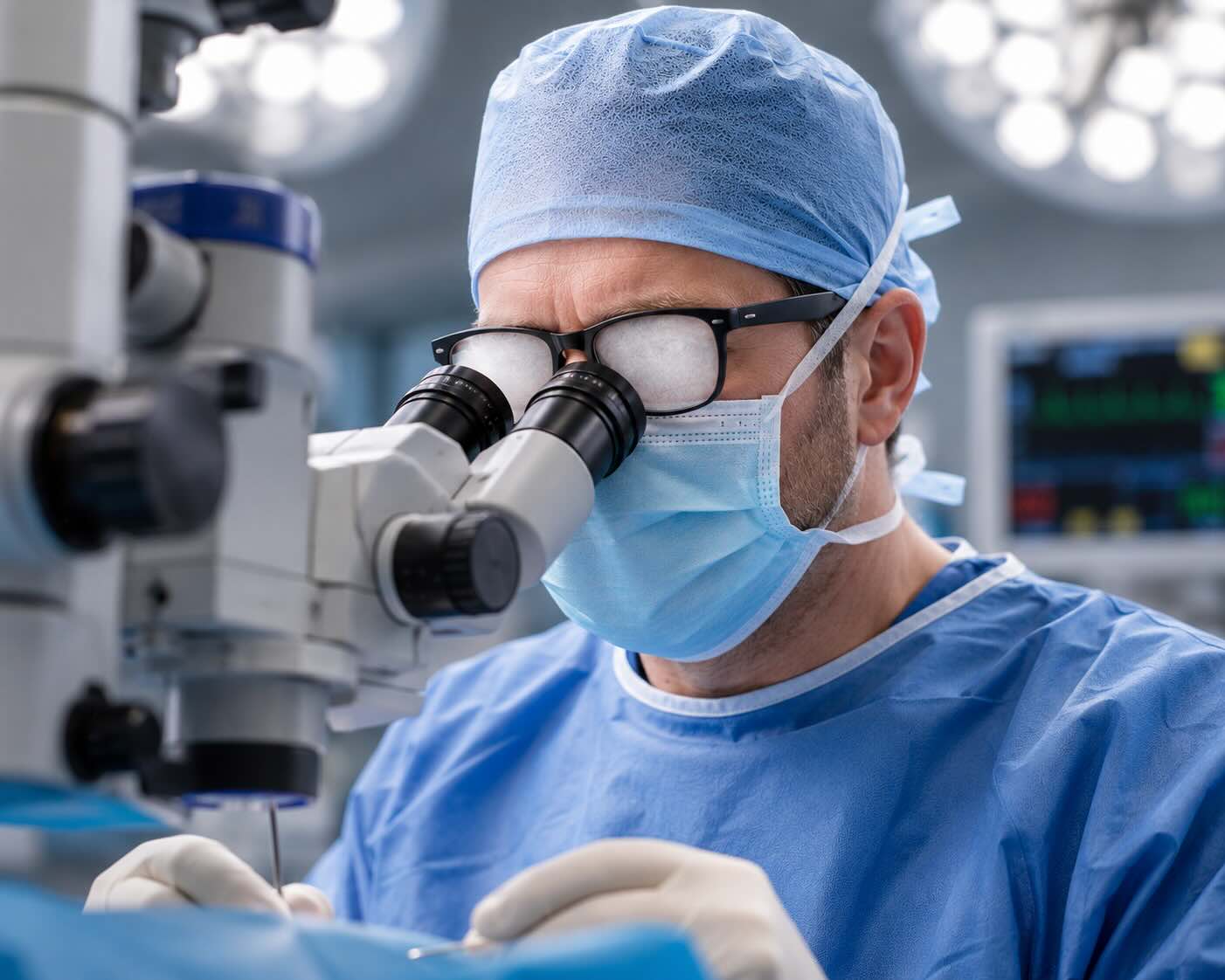 Surgeon adjusting glasses in an operating theatre, illustrating the importance of clear, uninterrupted vision for healthcare professionals considering laser vision correction.
