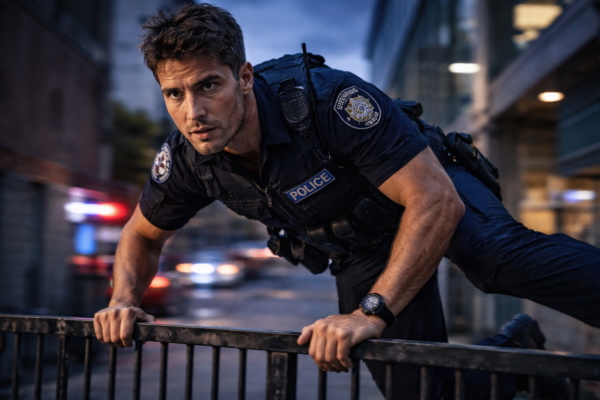 Police officer navigating an obstacle, illustrating how LASIK laser eye surgery may support clear vision for demanding work and active lifestyles following assessment.