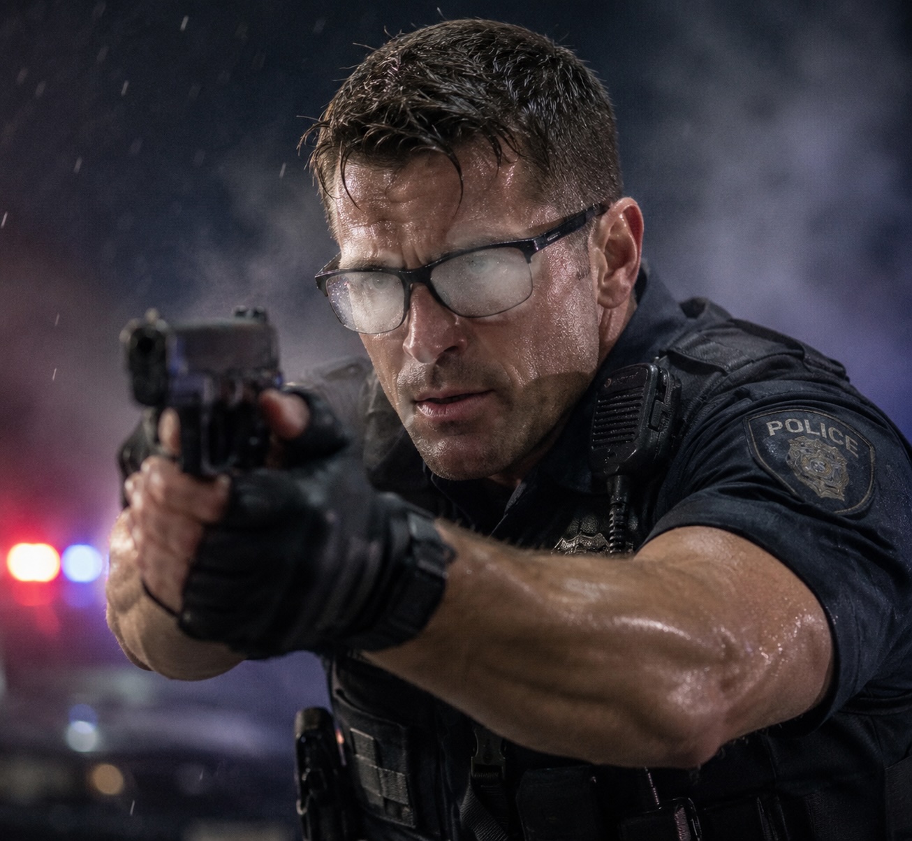 Police Officer Struggling with Fogged Glasses During Critical Incident Police officer aiming during a critical incident while fogged glasses reduce vision, illustrating the challenges of eyewear in high-pressure situations and the potential role of laser vision correction.