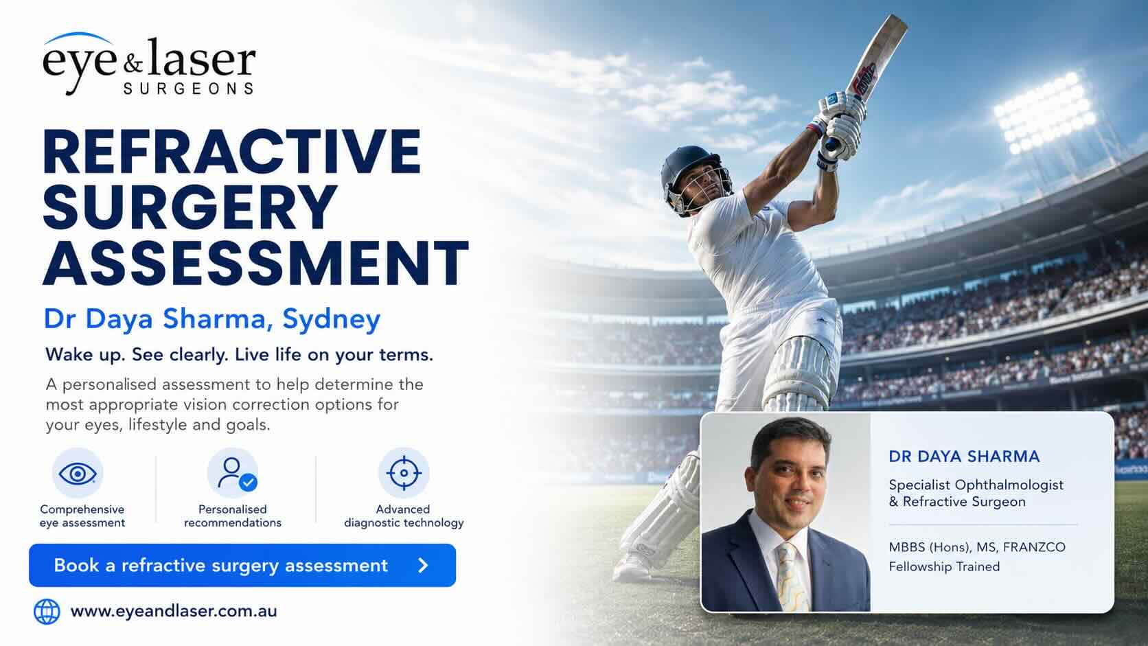 Refractive surgery assessment in Sydney with Dr Daya Sharma at Eye & Laser Surgeons, including LASIK, PRK, SMILE, ICL and lens-based vision correction options.