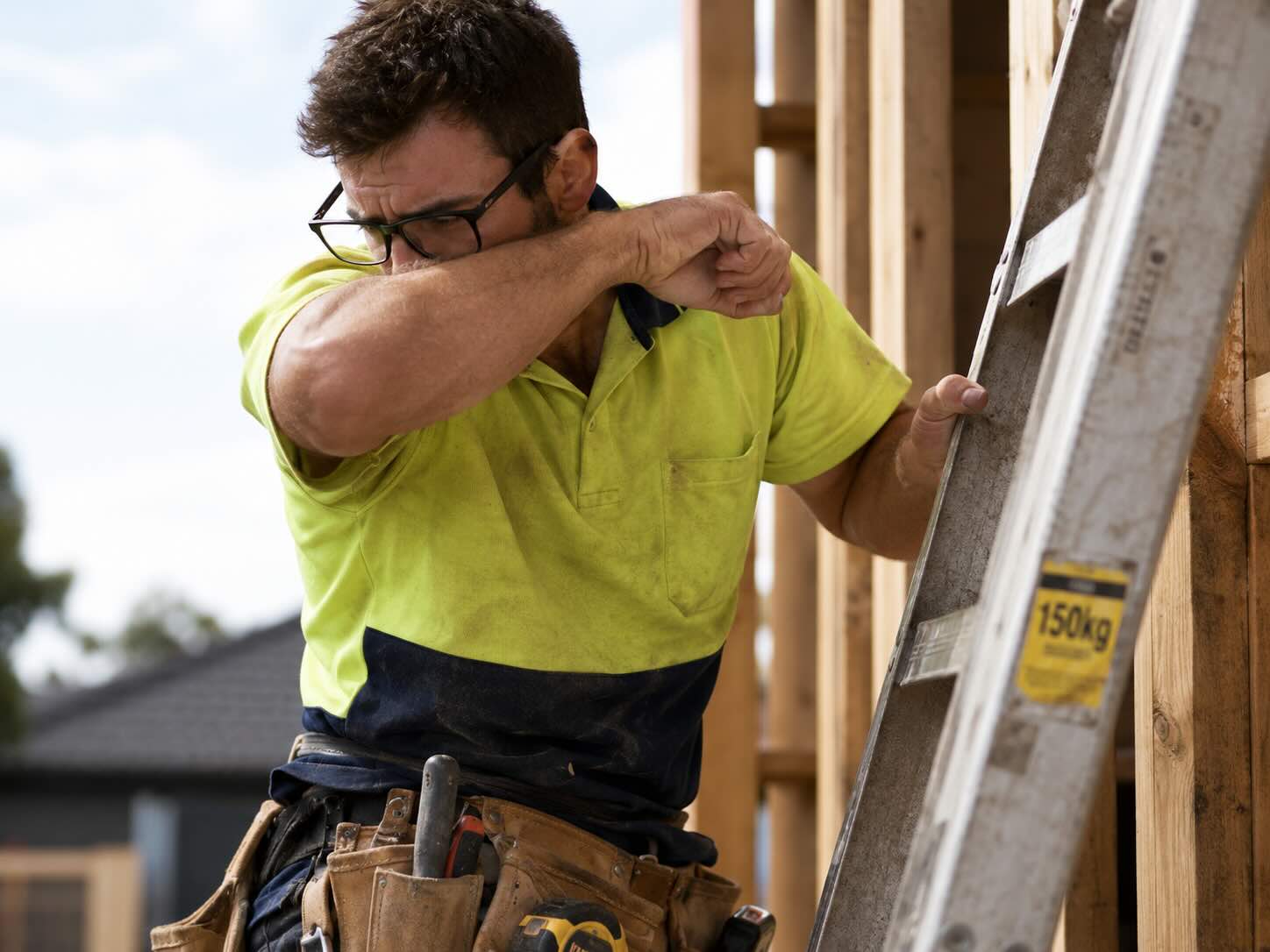 SMILE Laser Vision Correction for Builders & Tradies | Eye & Laser Surgeons Builder on a ladder pushing up slipping glasses with his elbow while working, illustrating how SMILE Laser Vision Correction may reduce dependence on glasses for suitable patients in physically demanding occupations.