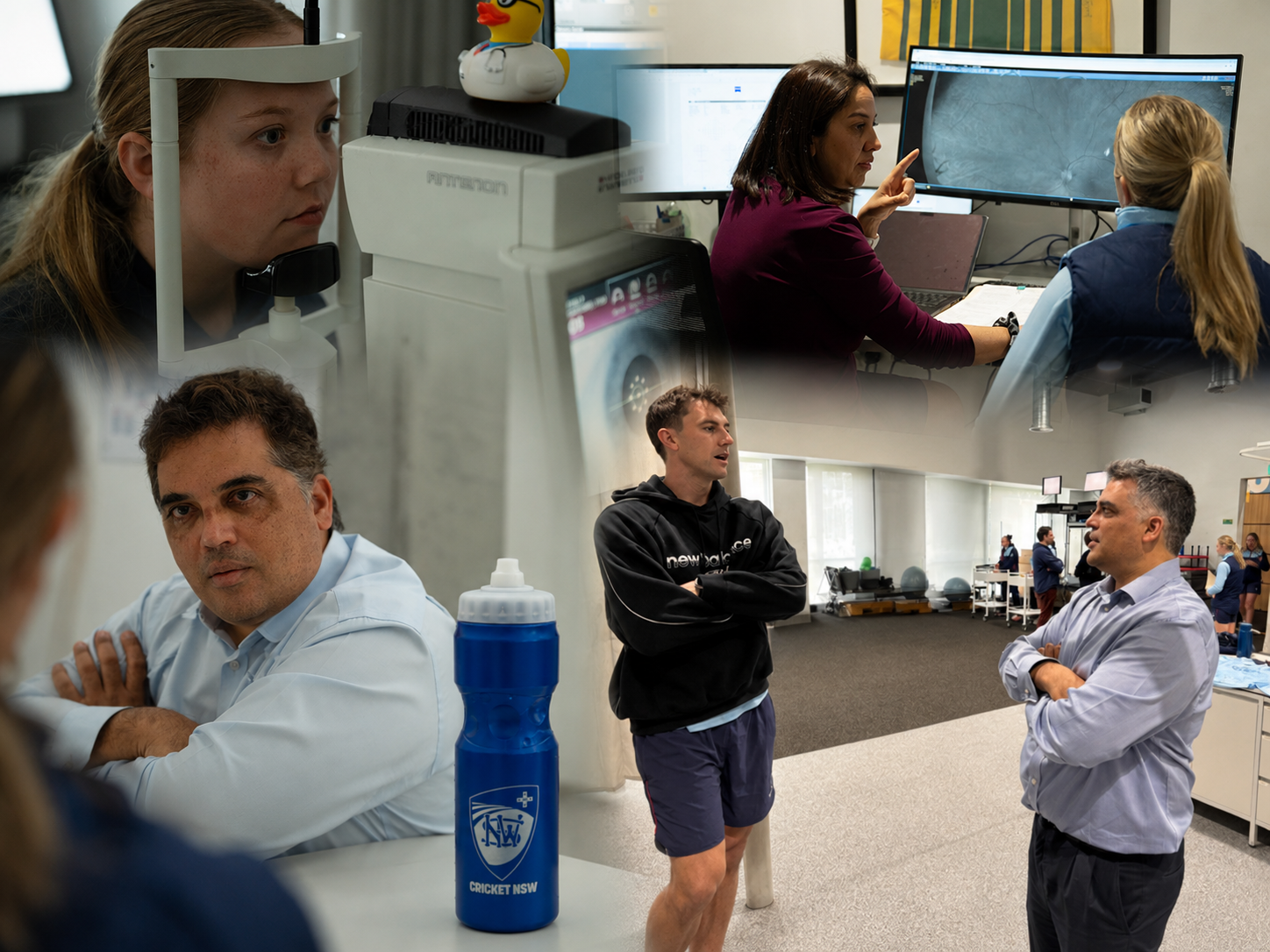 Elite sports vision assessment showing ophthalmic imaging, retinal assessment and consultation with athletes involved in the Cricket NSW vision project.