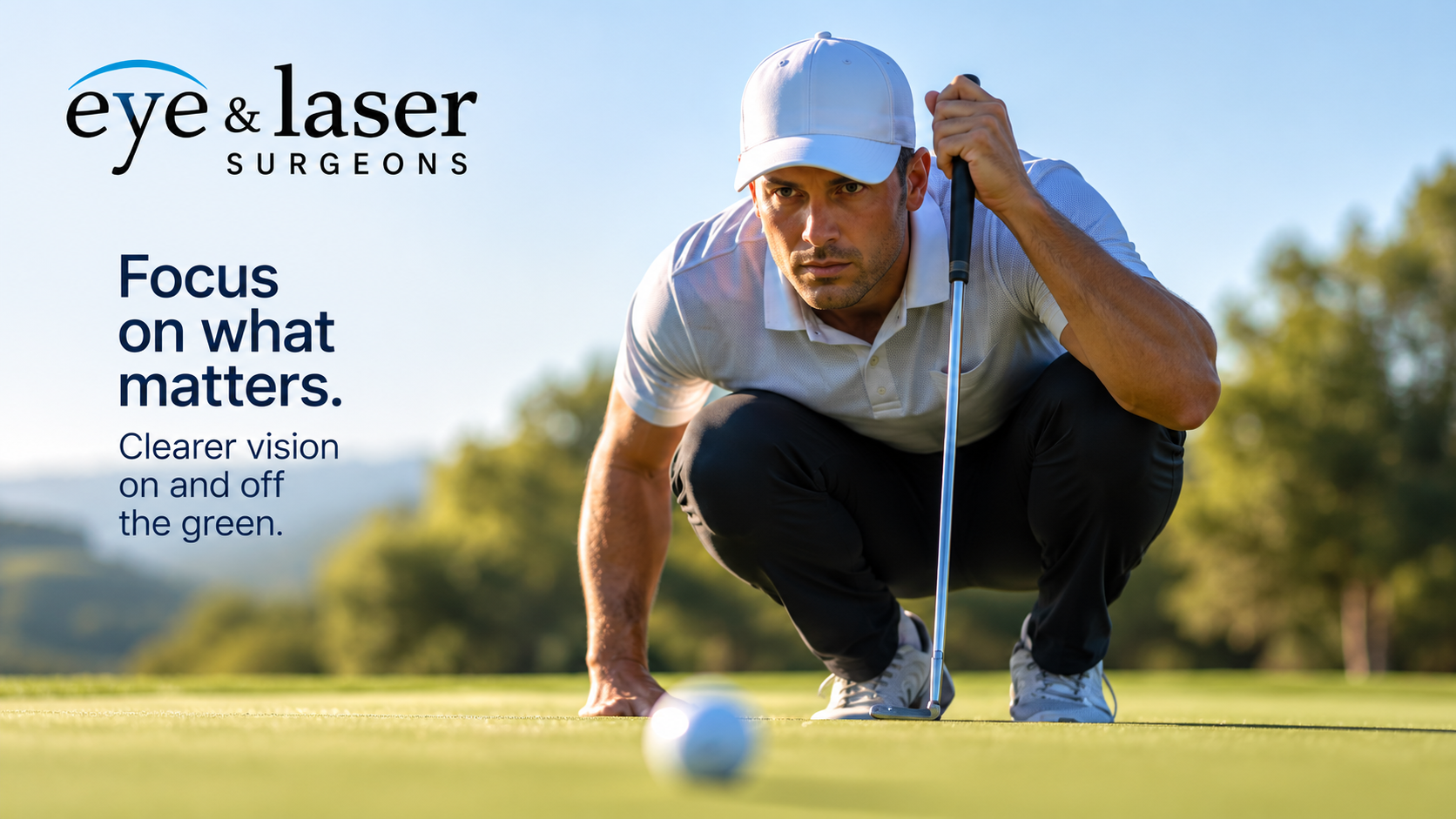 Golfer reading the line of a putt, illustrating the importance of clear vision, depth perception and contrast sensitivity during golf.