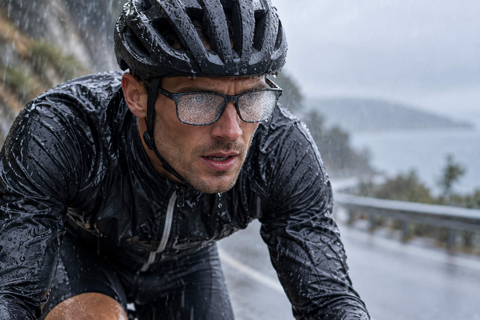 Road cyclist riding in heavy rain with water droplets covering prescription glasses, illustrating one of the practical challenges cyclists may experience when relying on spectacles.