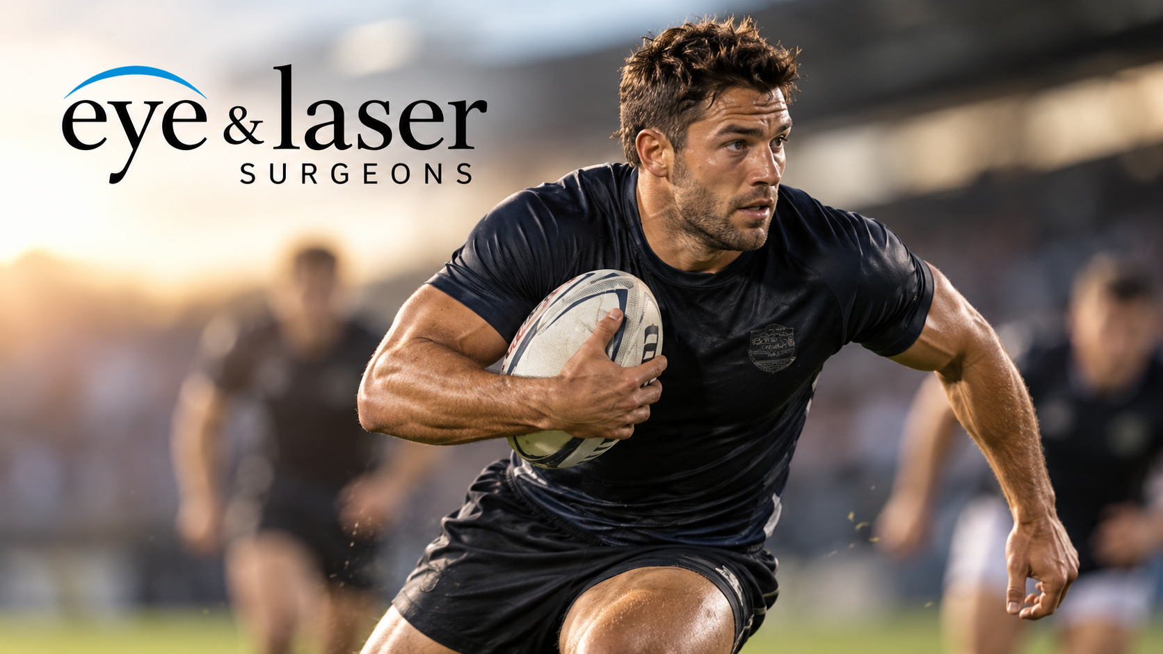 Rugby player running with the ball during competition, illustrating the importance of clear vision, visual awareness and personalised vision correction for contact sports.