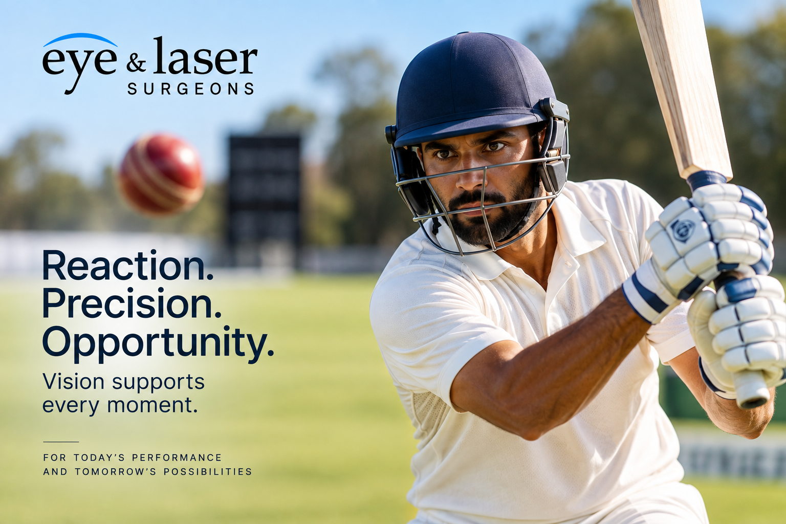 Cricket player tracking a fast-moving ball while batting, illustrating the importance of clear vision, depth perception and visual performance in cricket.