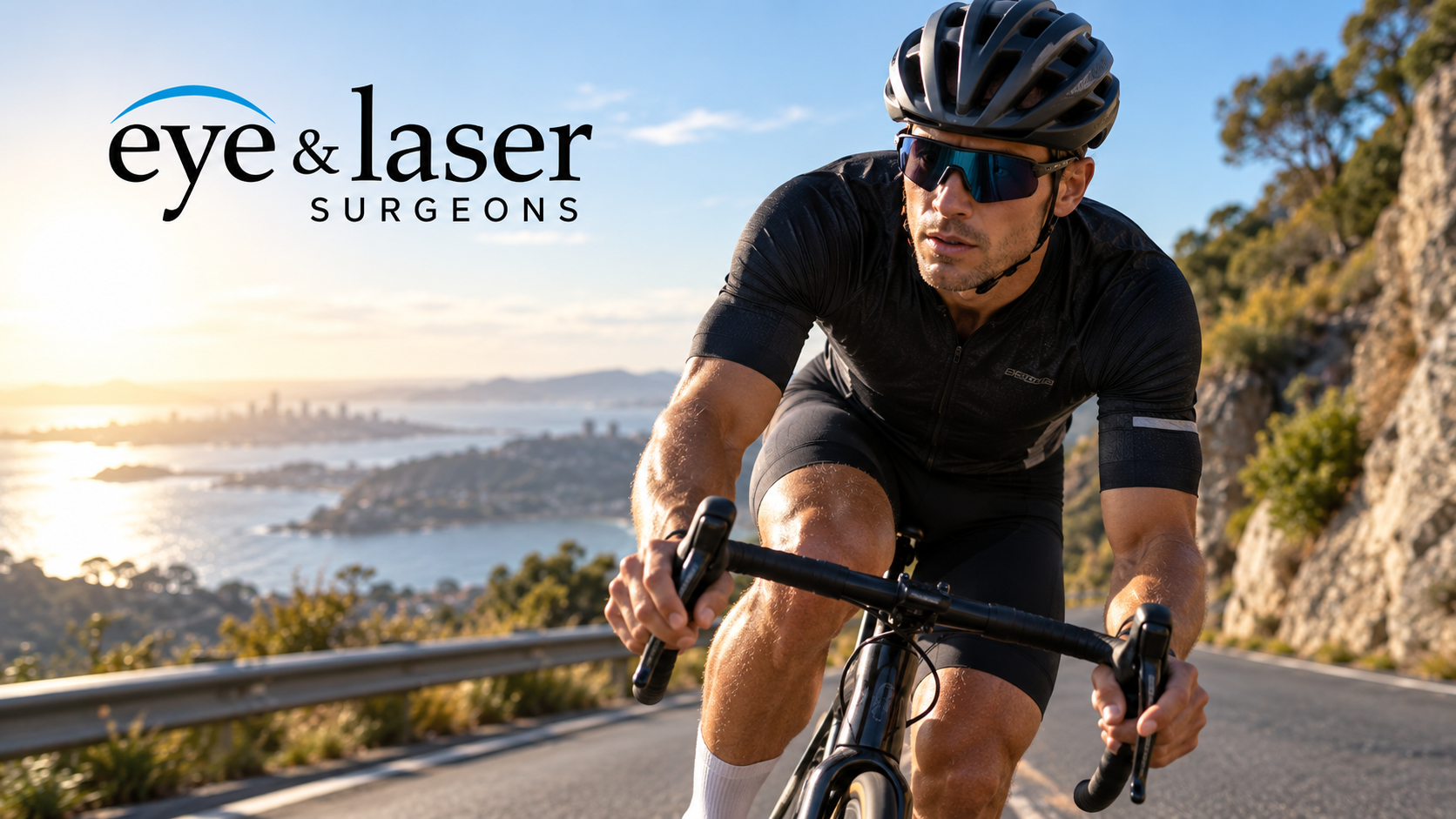 Road cyclist riding on a coastal road, representing the importance of clear vision, contrast sensitivity and personalised vision correction for cycling and active lifestyles.