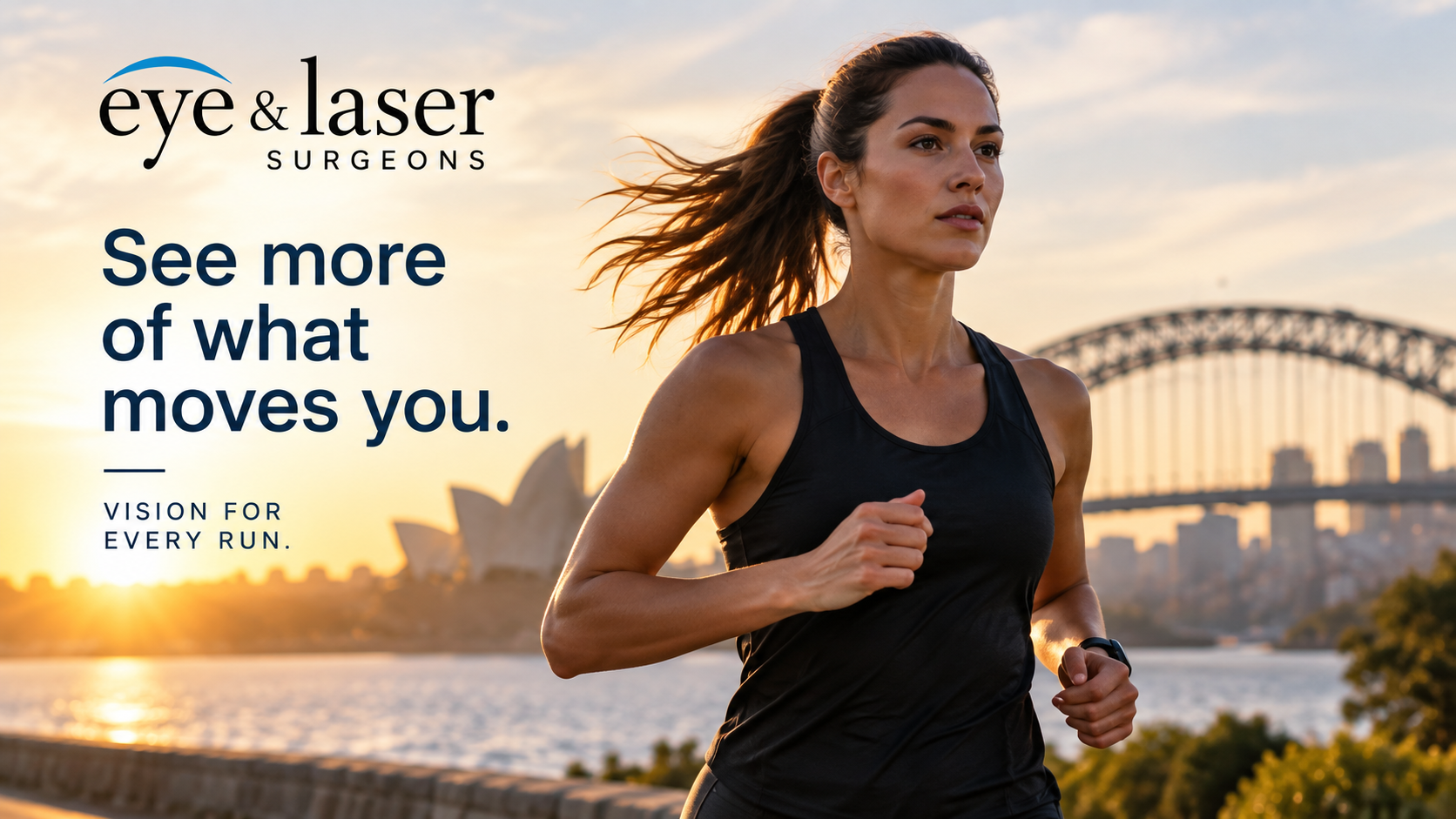 Runner exercising along Sydney Harbour at sunrise, representing the importance of clear vision, visual freedom and personalised vision correction for active lifestyles.