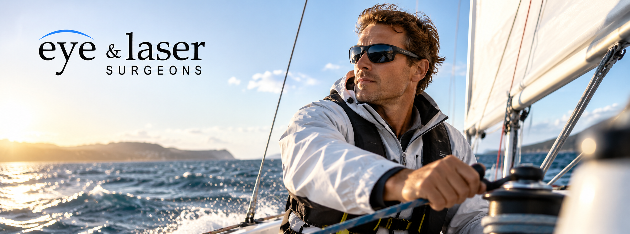 Sailor steering a yacht in bright sunlight, representing the importance of clear vision, contrast sensitivity and personalised vision correction for sailing and active lifestyles.