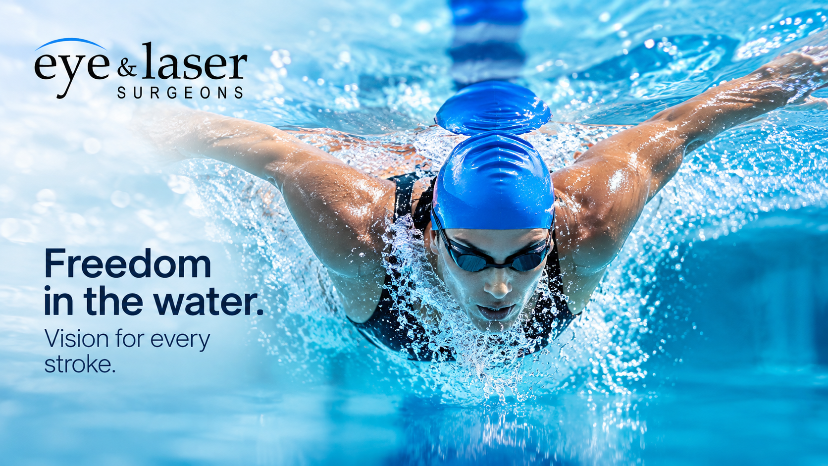 Competitive swimmer in the pool representing the importance of clear vision, visual freedom and personalised vision correction for swimmers and active lifestyles.