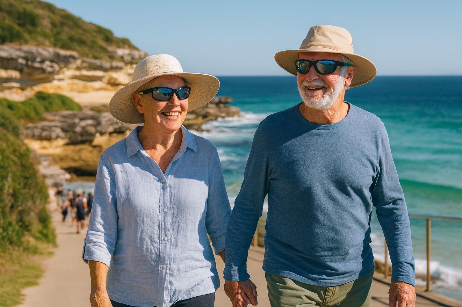 Couple in their seventies in hats and sunglasses on the Bondi to Bronte coastal walk after cataract surgery