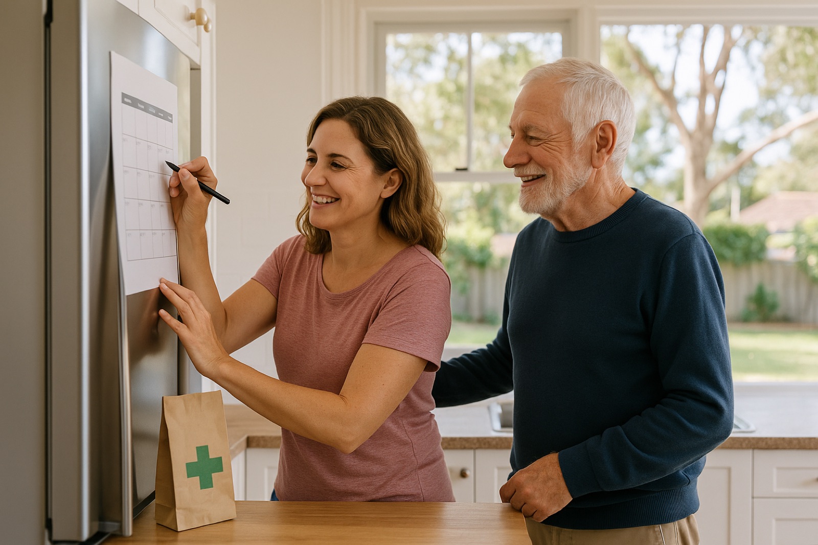 Woman and her father in his seventies writing an eye drop schedule on a kitchen calendar for recovery after cataract surgery