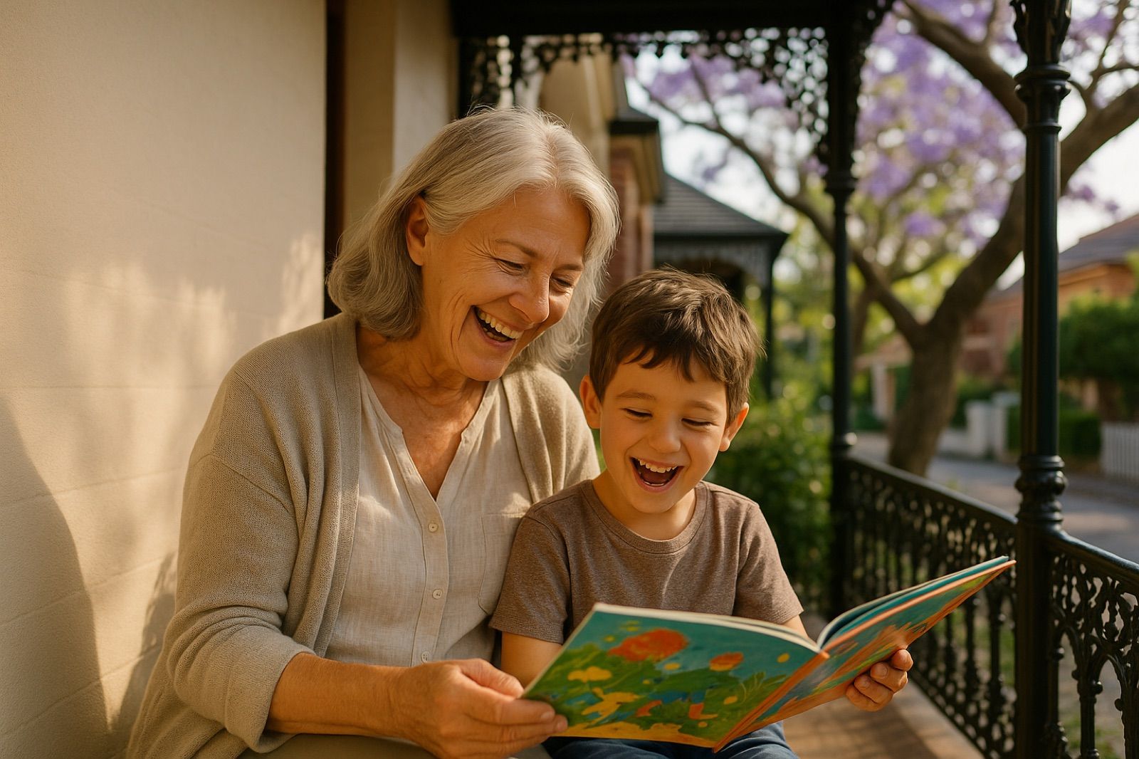 Grandmother reading a picture book to her grandson on a Randwick verandah during recovery after cataract surgery