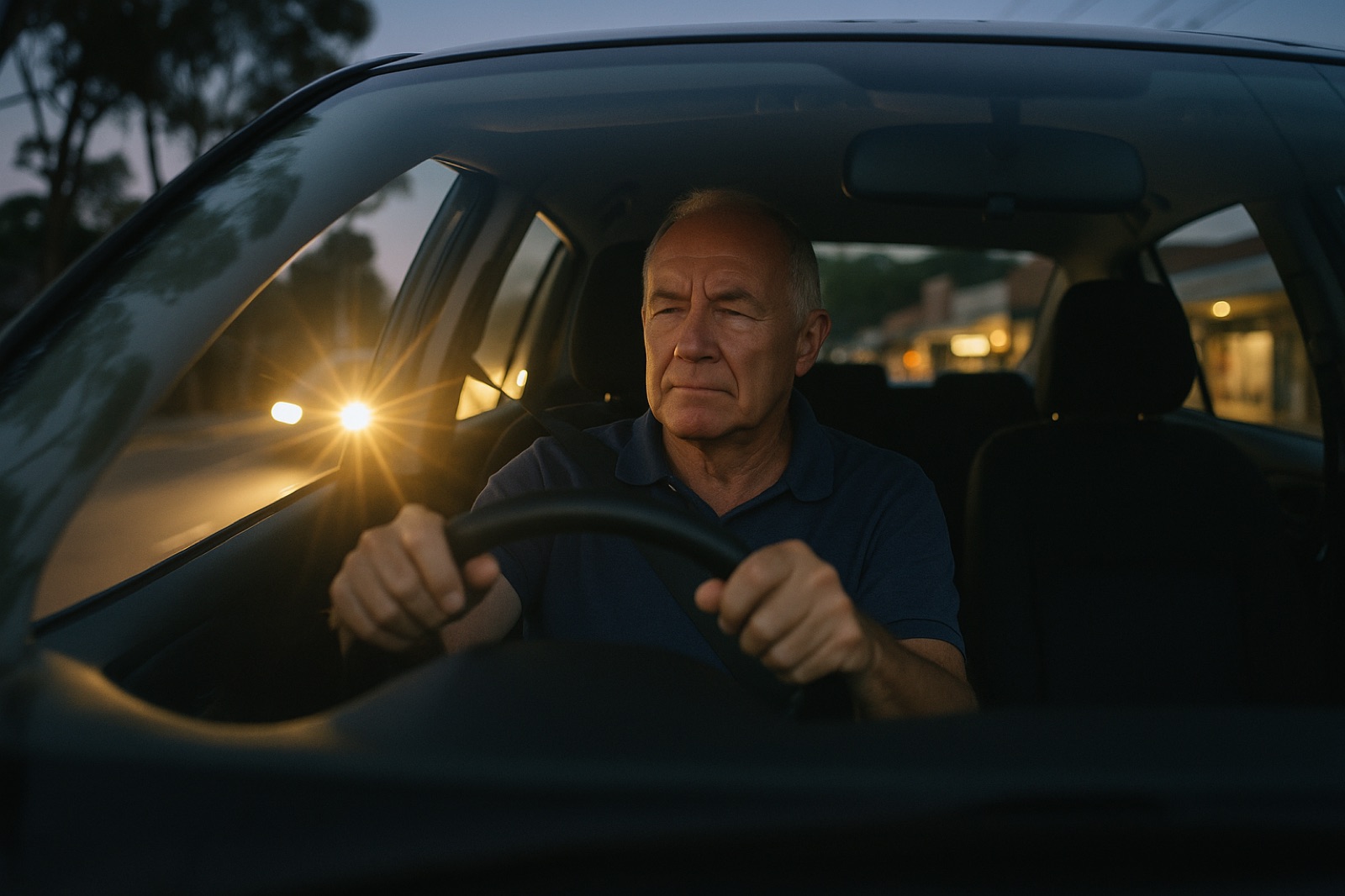 Man in his seventies squinting at headlight glare while driving at dusk on a Sutherland Shire road
