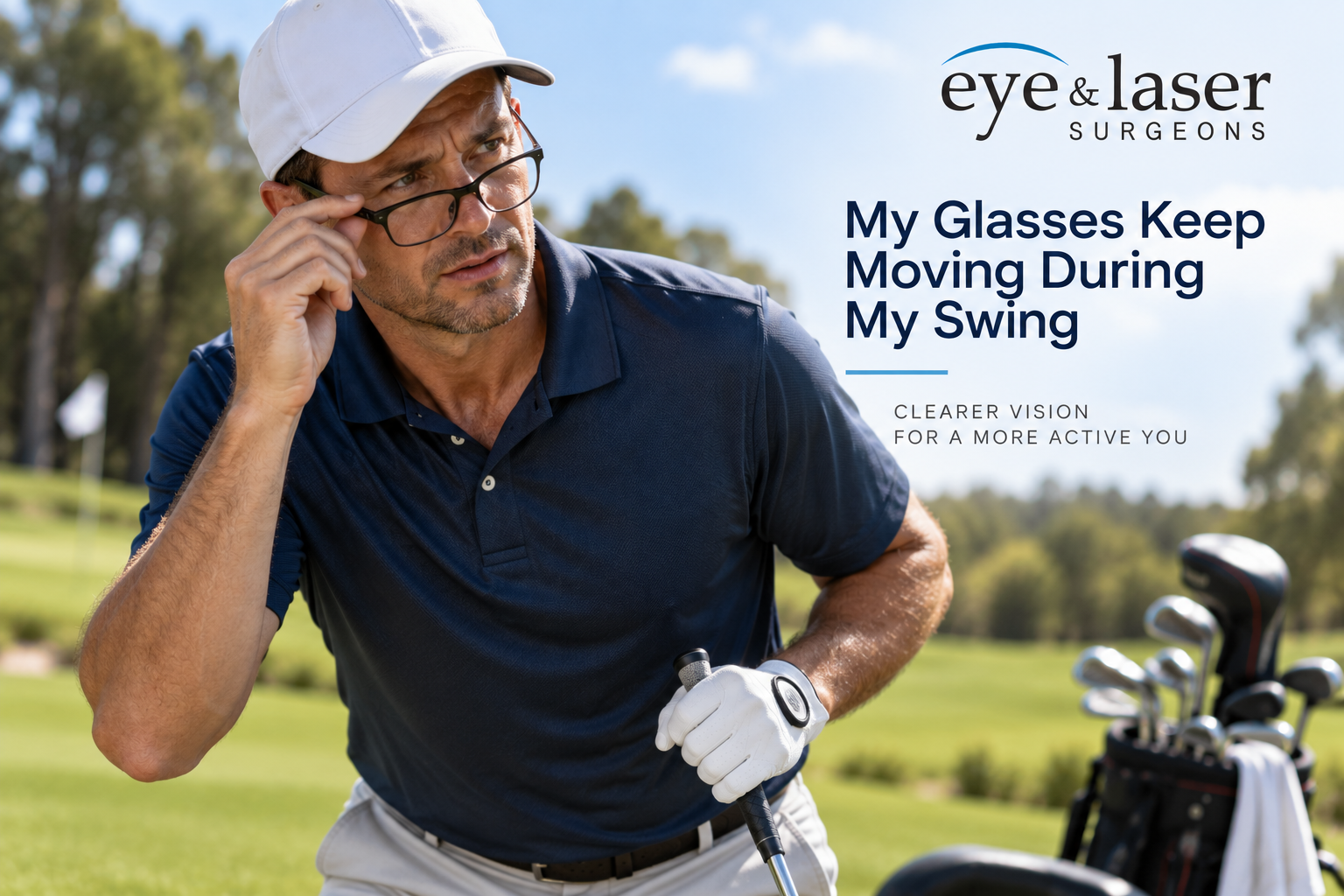 Golfer adjusting prescription glasses that have slipped during play, illustrating a practical challenge of wearing glasses on the golf course.